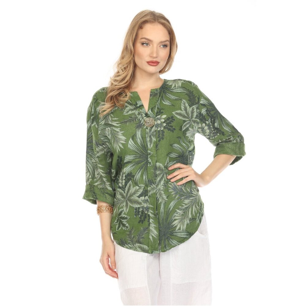 Moss Green Leaf Print V-Neck Button Top